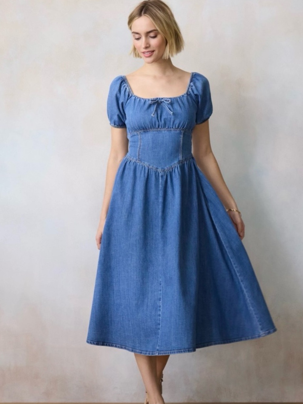 Denim Puff-Sleeve Midi Dress NWT Size Small Puff Sleeves V Waist